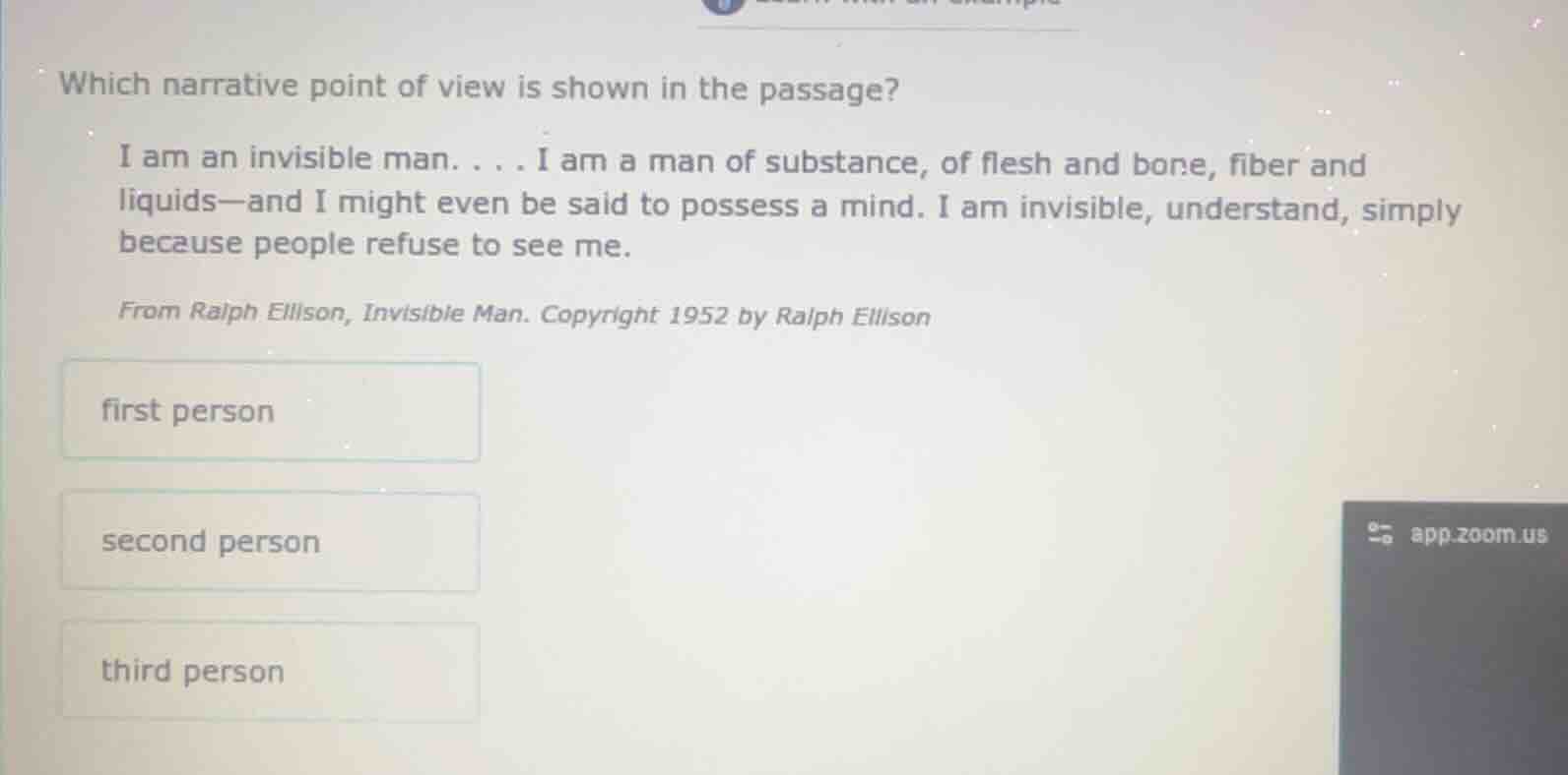 which narrative point of view is shown in the passage? i am an invisibl…