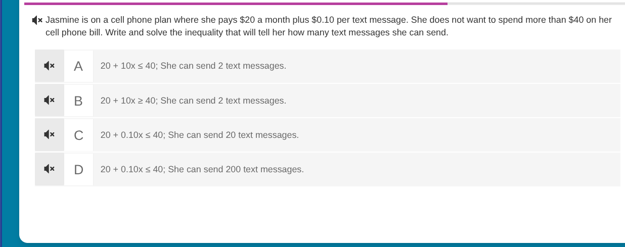 jasmine is on a cell phone plan where she pays $20 a month plus $0.10 p…