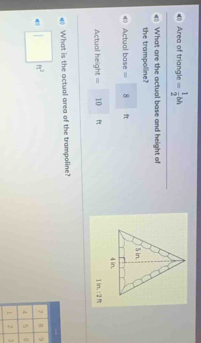 area of triangle = \\(\\frac{1}{2}bh\\)\ what are the actual base and h…