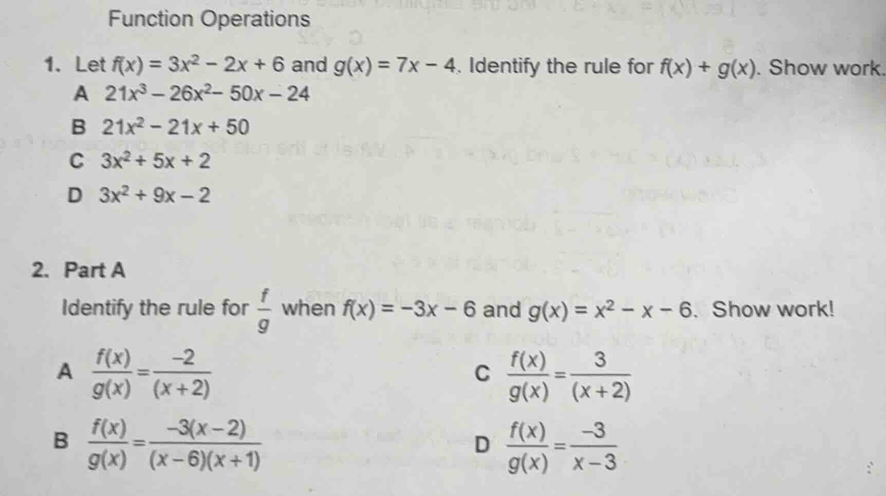 function operations 1. let ( f(x) = 3x^2 - 2x + 6 ) and ( g(x) = 7x - 4…