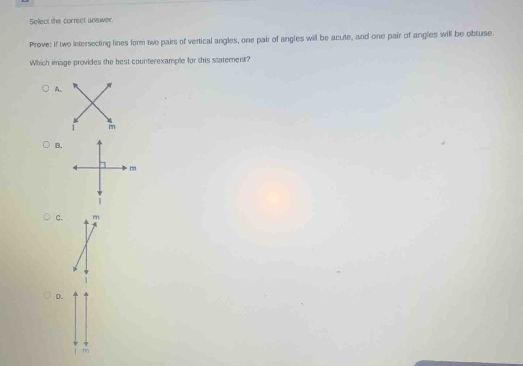 select the correct answer. prove: if two intersecting lines form two pa…