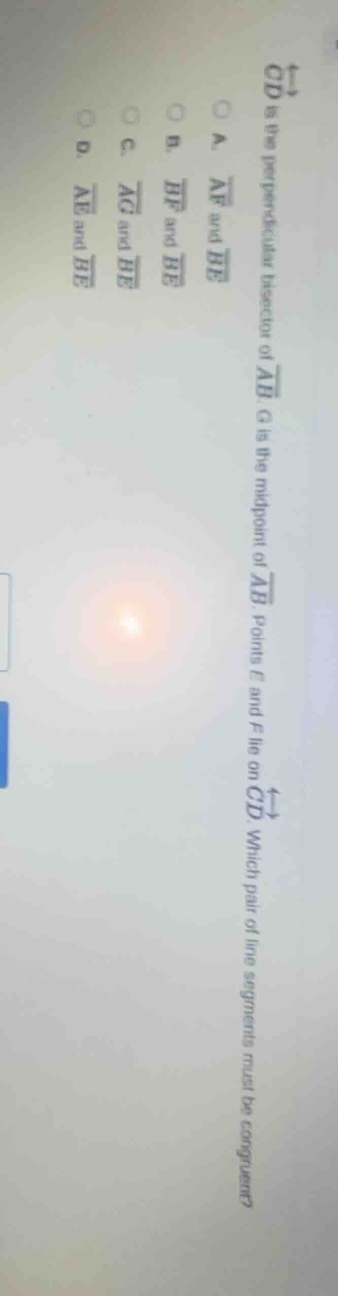 cd is the perpendicular bisector of ab. g is the midpoint of ab. points…