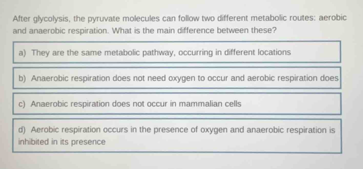 after glycolysis, the pyruvate molecules can follow two different metabolic routes: aerobic and anaerobic respiration. what is the main difference between these?\na) they are the same metabolic pathway, occurring in different locations\nb) anaerobic respiration does not need oxygen to occur and aerobic respiration does\nc) anaerobic respiration does not occur in mammalian cells\nd) aerobic respiration occurs in the presence of oxygen and anaerobic respiration is inhibited in its presence