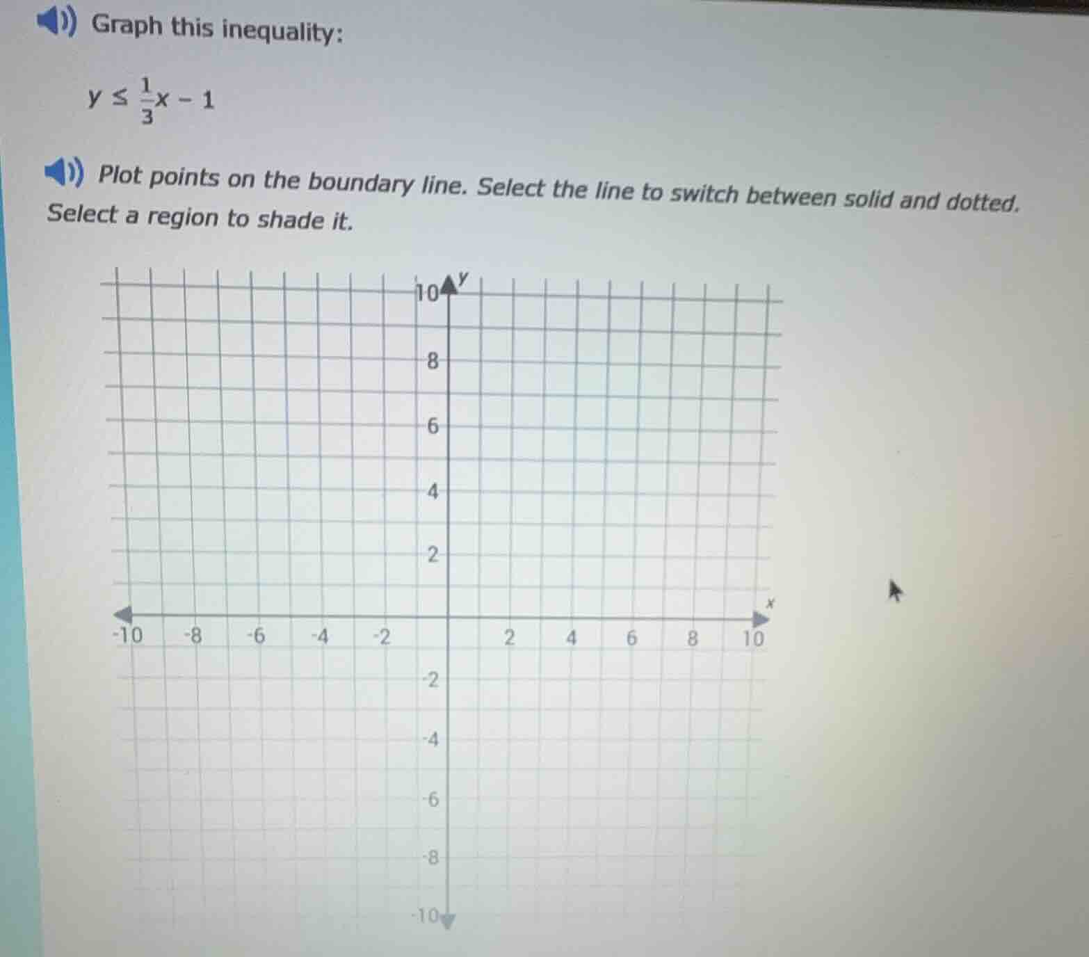 graph this inequality:\n$y \\leq \\frac{1}{3}x - 1$\nplot points on the boundary line. select the line to switch between solid and dotted. select a region to shade it.