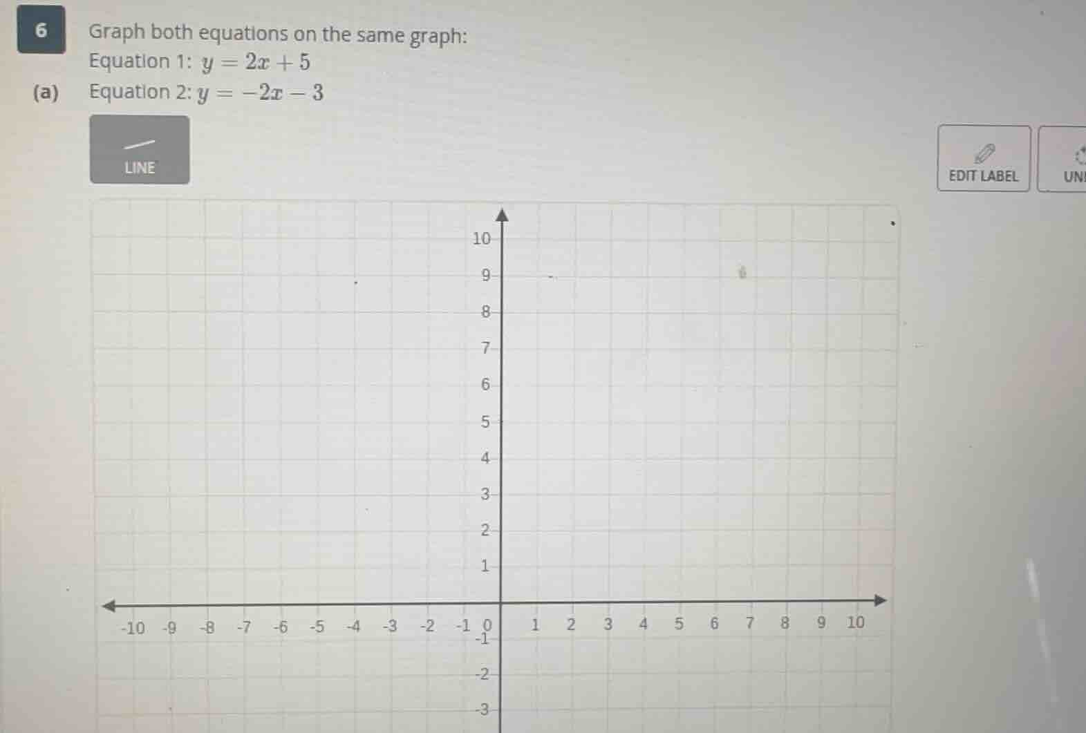 6 (a) graph both equations on the same graph: equation 1: $y = 2x + 5$ equation 2: $y = -2x - 3$