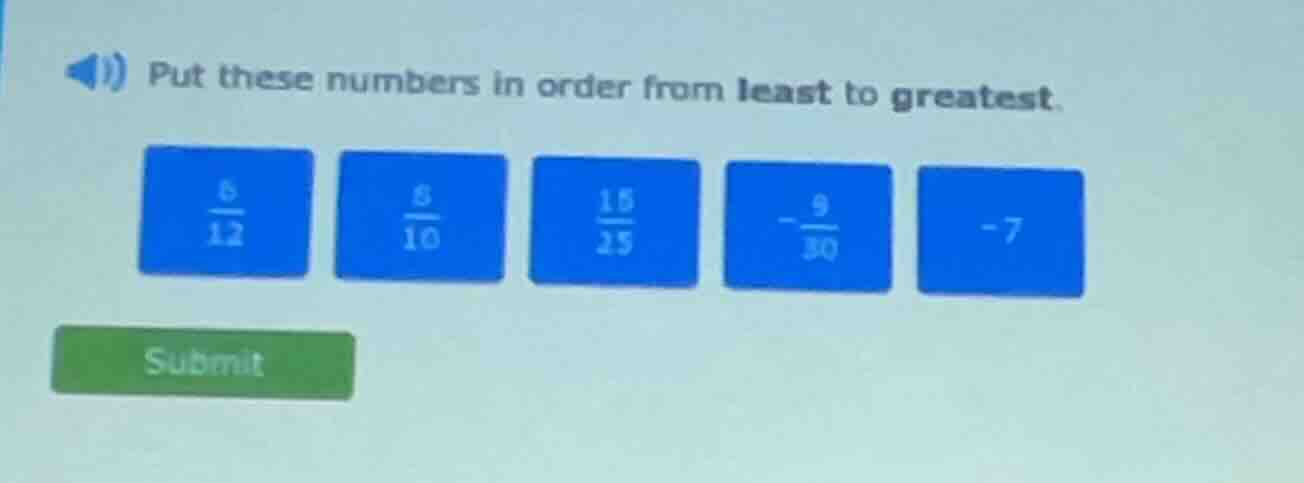 put these numbers in order from least to greatest.\\(\frac{6}{12}\\) \\…