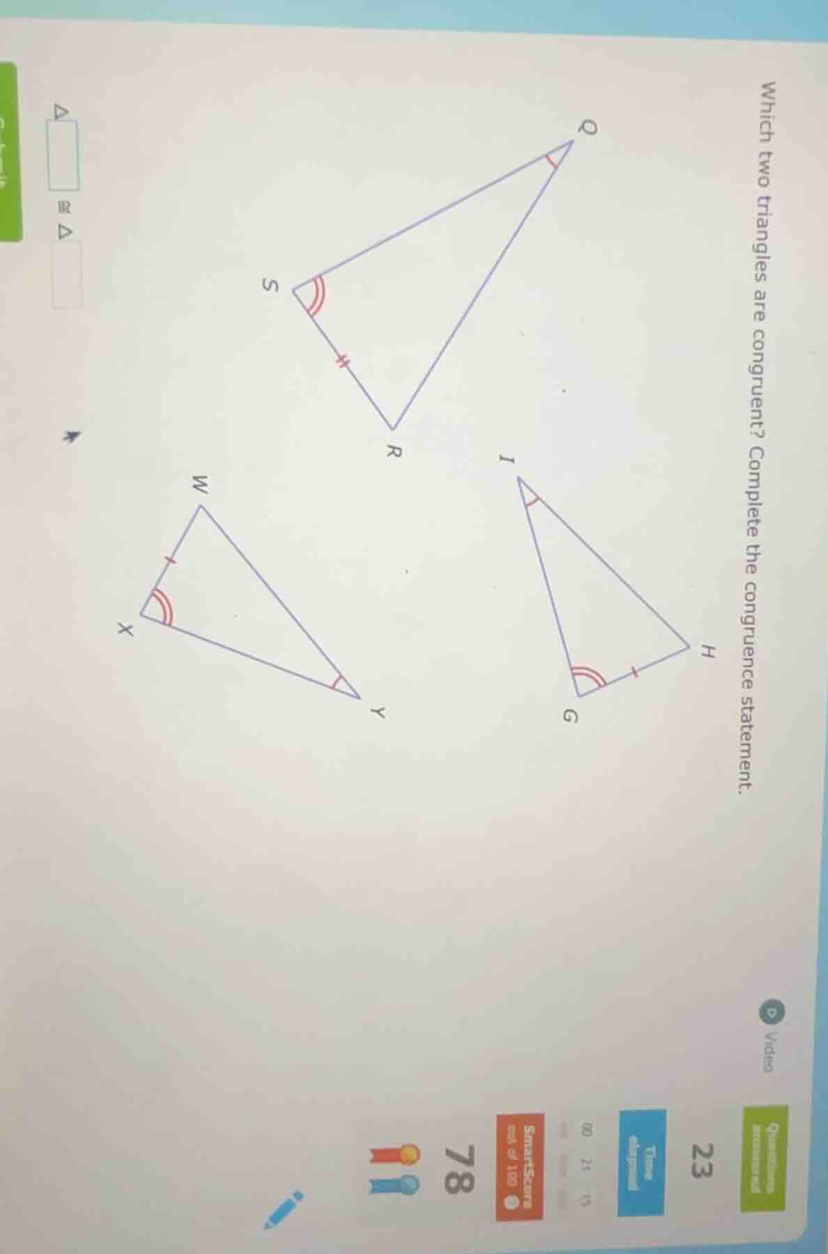 which two triangles are congruent? complete the congruence statement.