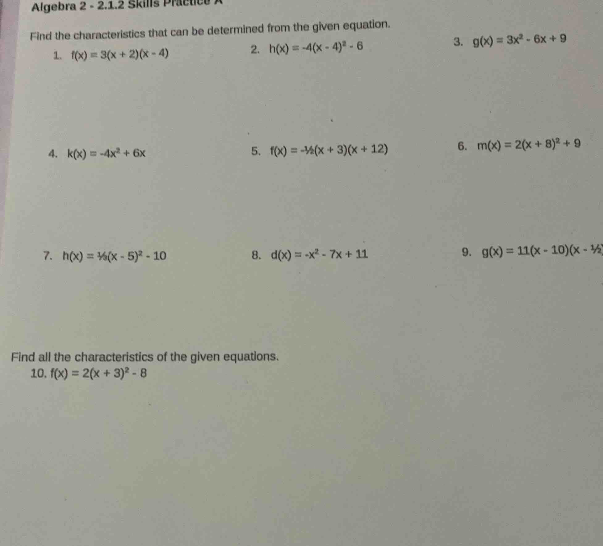 algebra 2 - 2.1.2 skills practice a find the characteristics that can b…
