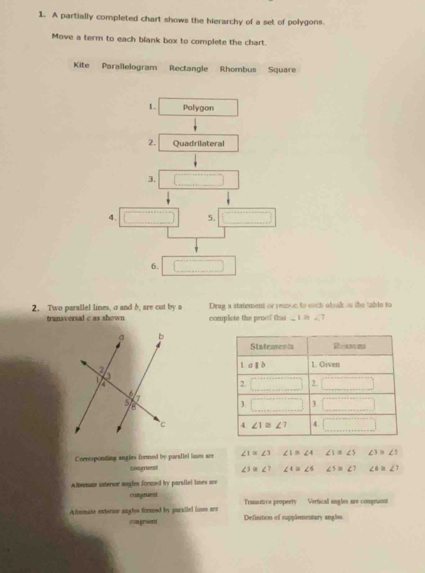 1. a partially completed chart shows the hierarchy of a set of polygons…