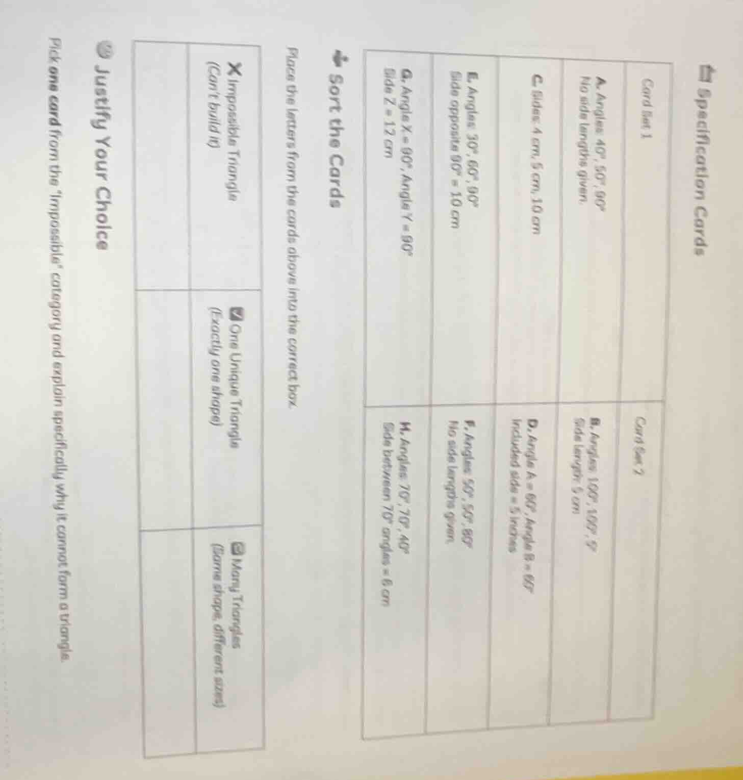 specification cards card set 1 a. angles 40°, 50°, 90° no side lengths …