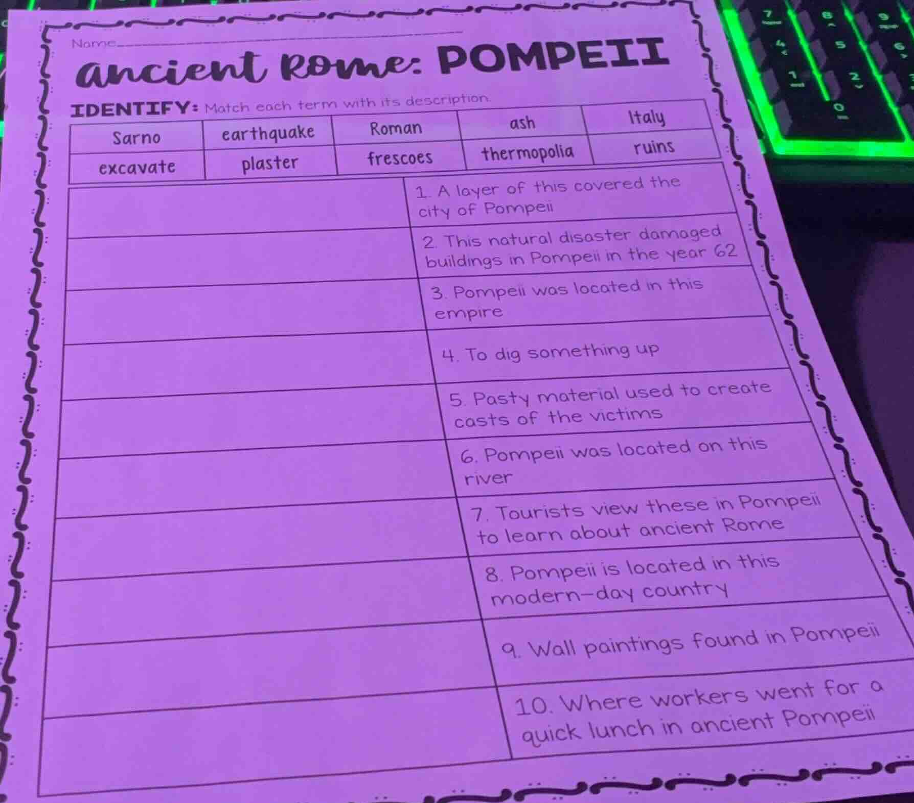 name______ ancient rome: pompeii identify: match each term with its des…