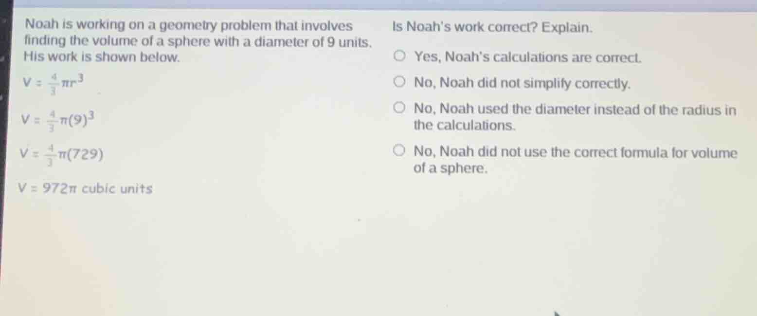 noah is working on a geometry problem that involves finding the volume …