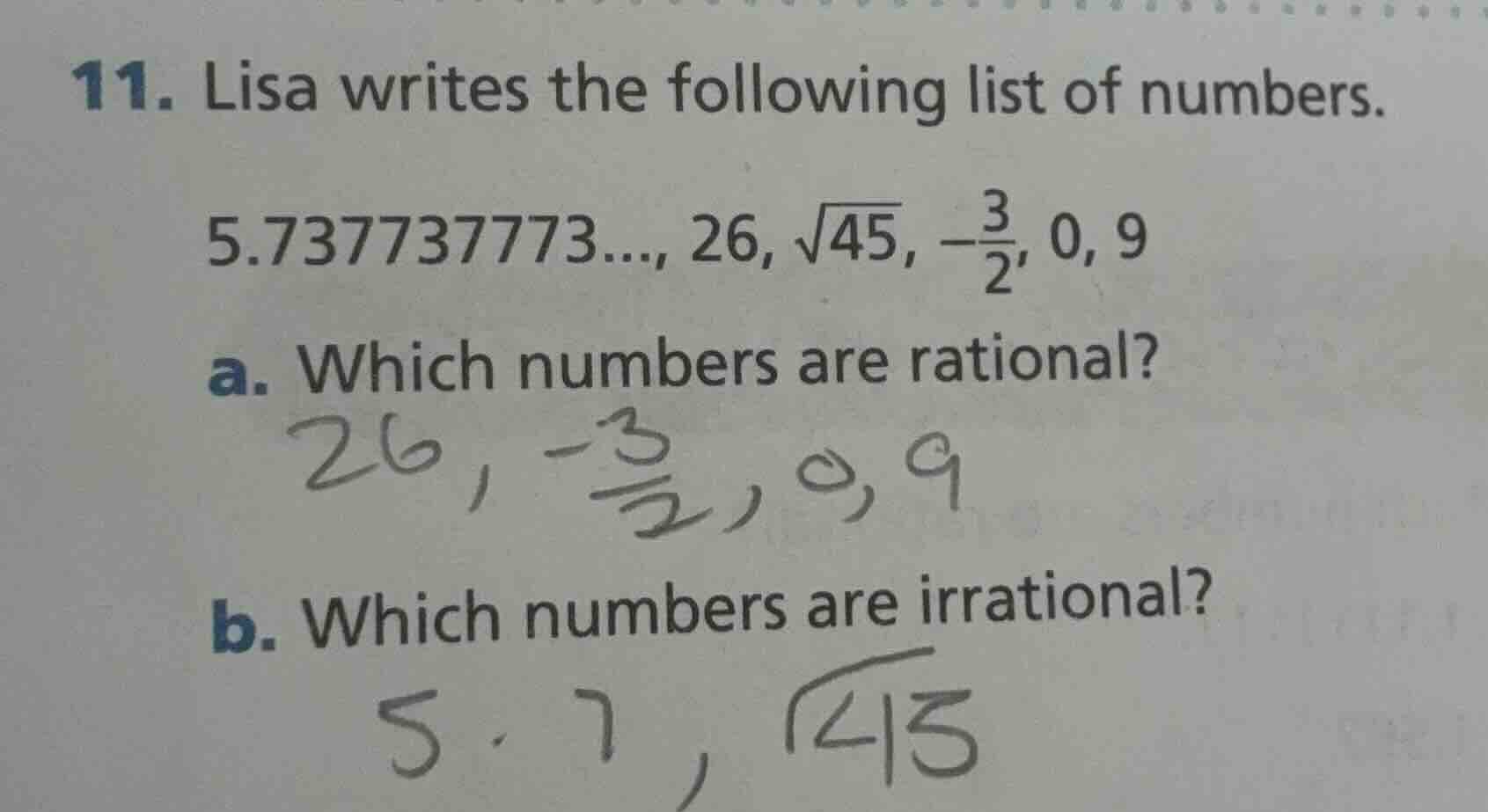 11. lisa writes the following list of numbers. 5.737737773..., 26, √45,…