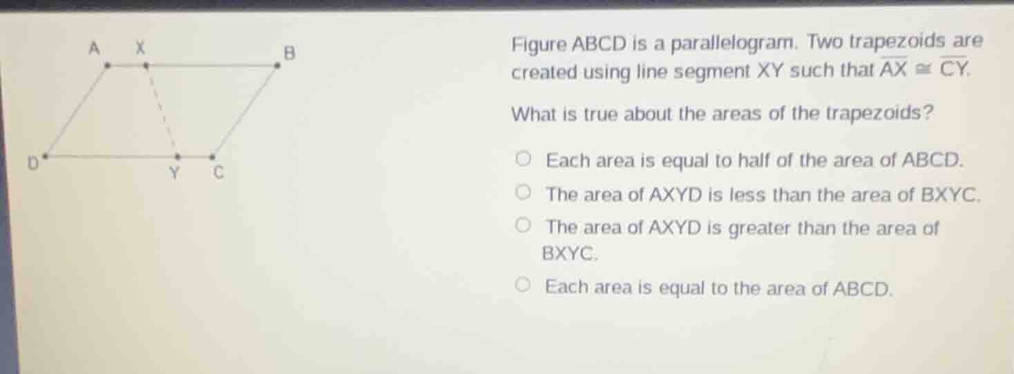 figure abcd is a parallelogram. two trapezoids are created using line s…