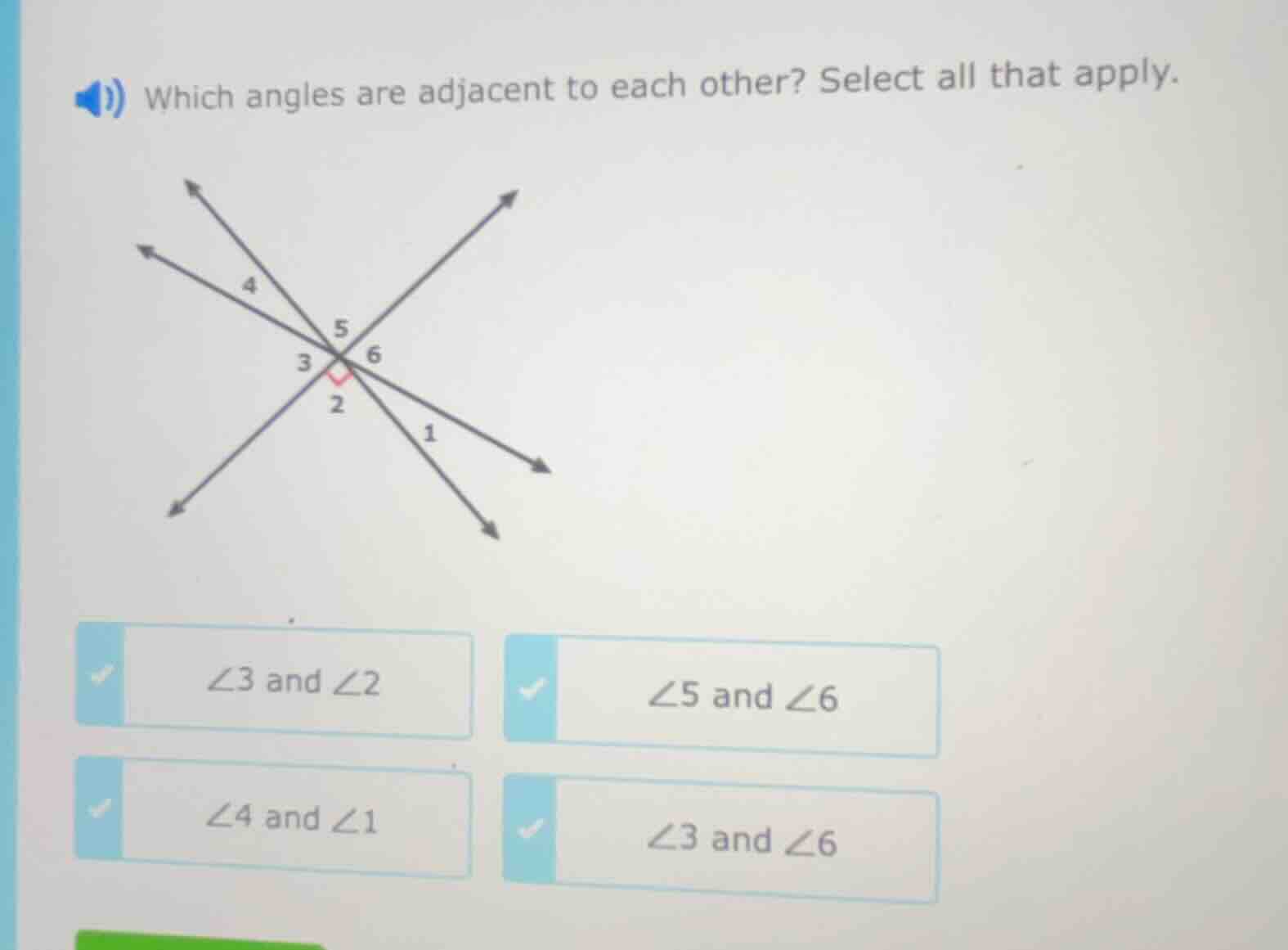 which angles are adjacent to each other? select all that apply. ∠3 and …