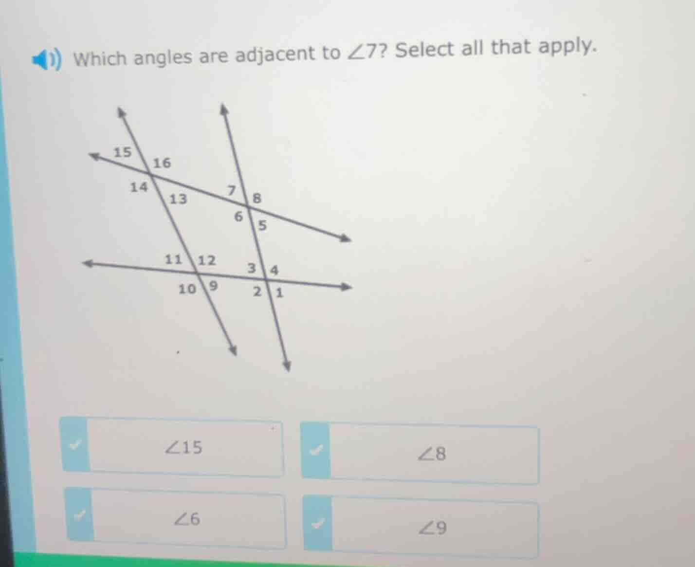 which angles are adjacent to $\\angle 7$? select all that apply.