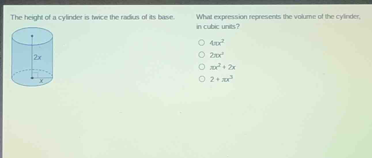 the height of a cylinder is twice the radius of its base. what expressi…