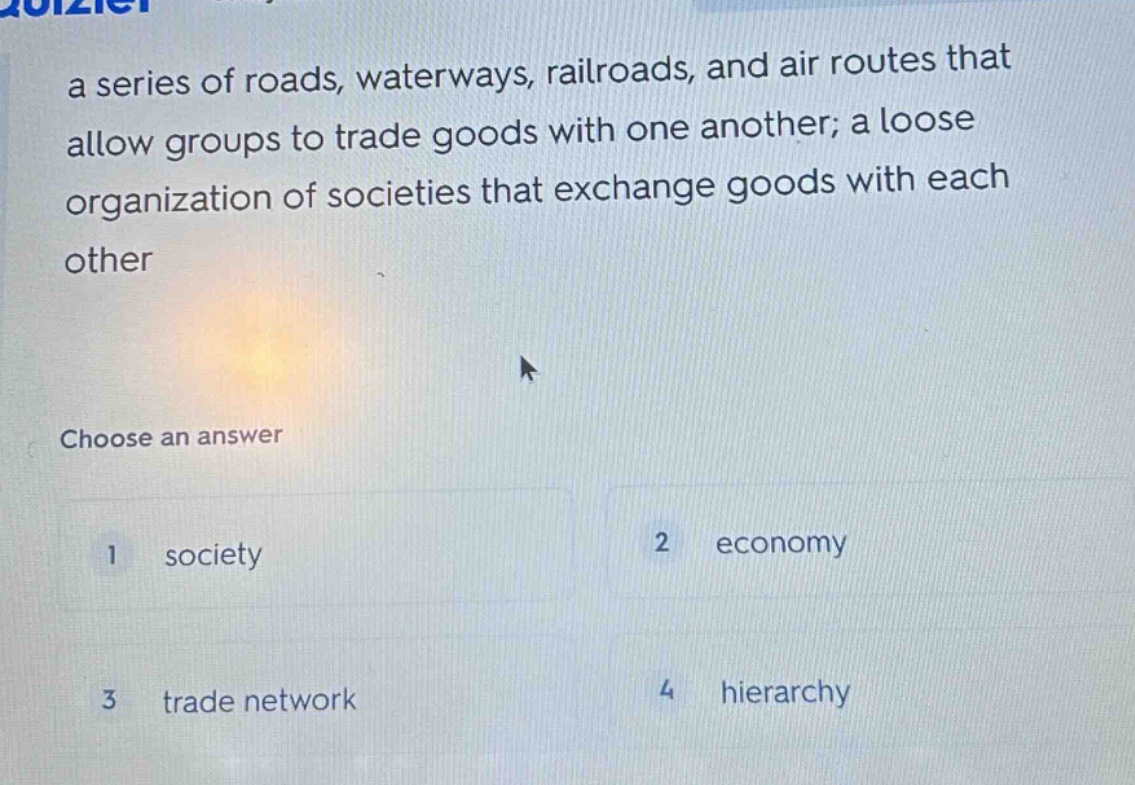 a series of roads, waterways, railroads, and air routes that allow grou…