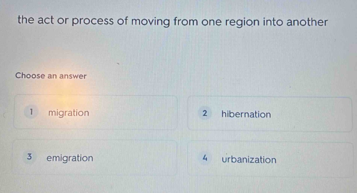the act or process of moving from one region into another choose an ans…
