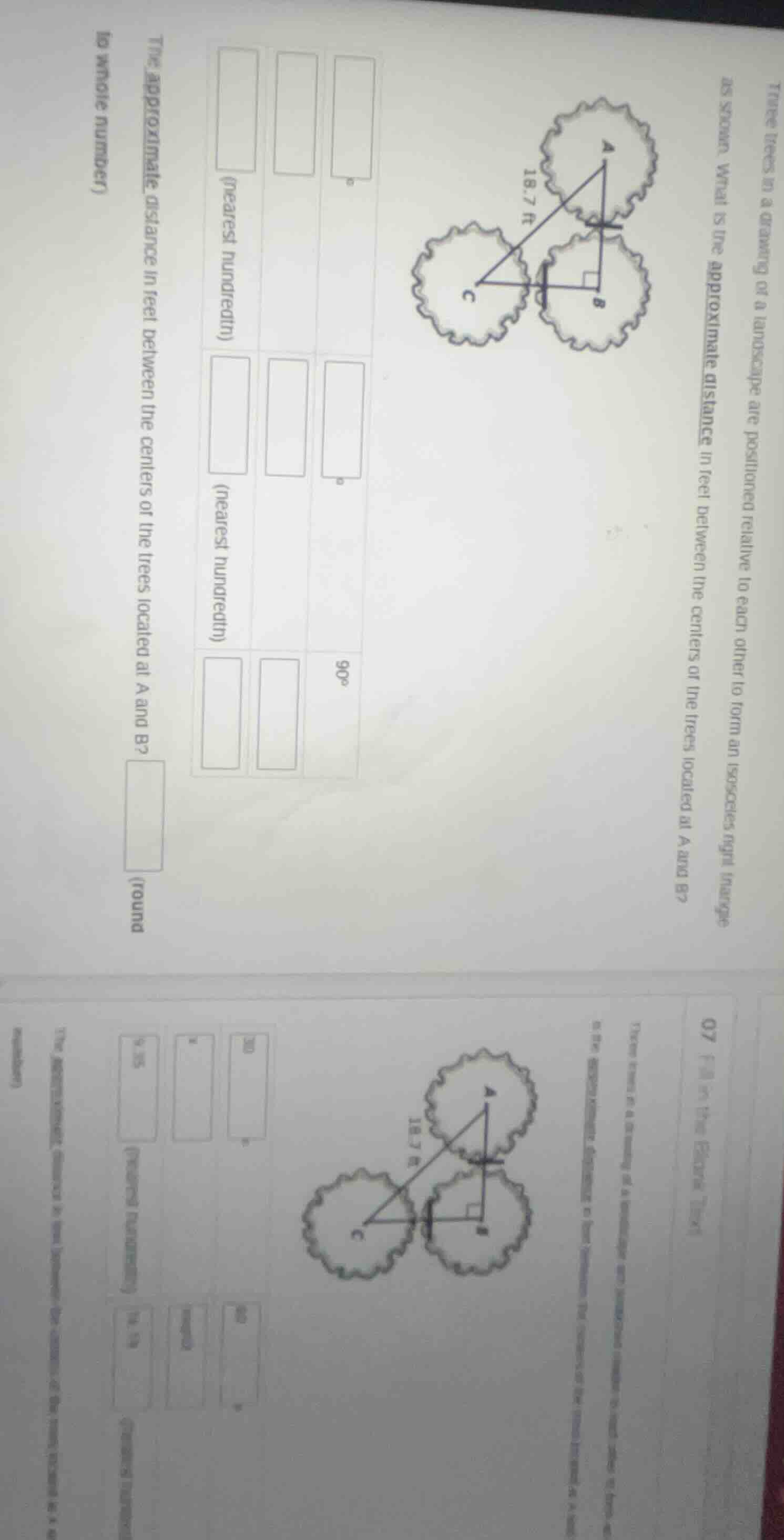 three trees in a drawing of a landscape are positioned relative to each…
