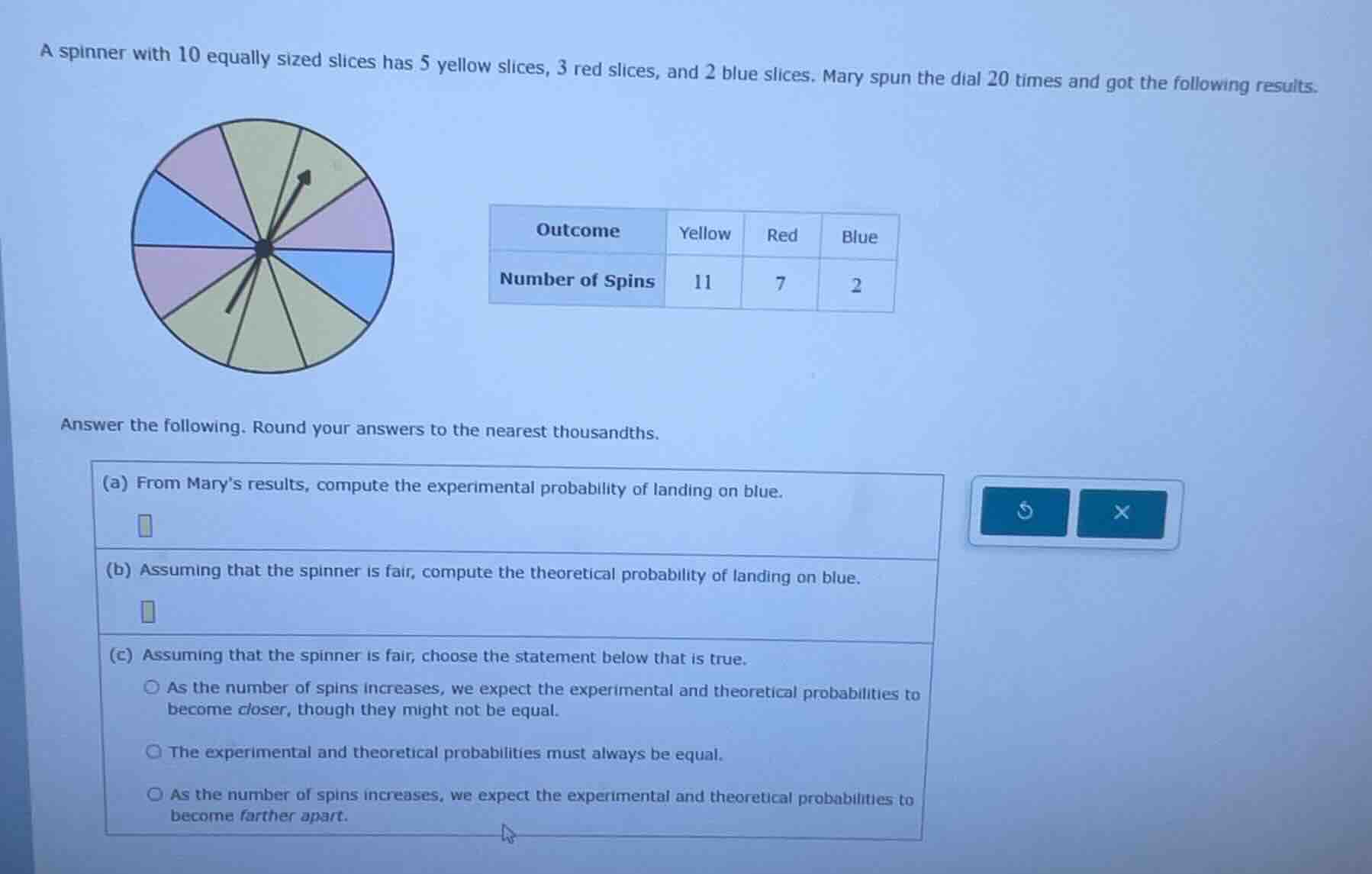 a spinner with 10 equally sized slices has 5 yellow slices, 3 red slice…