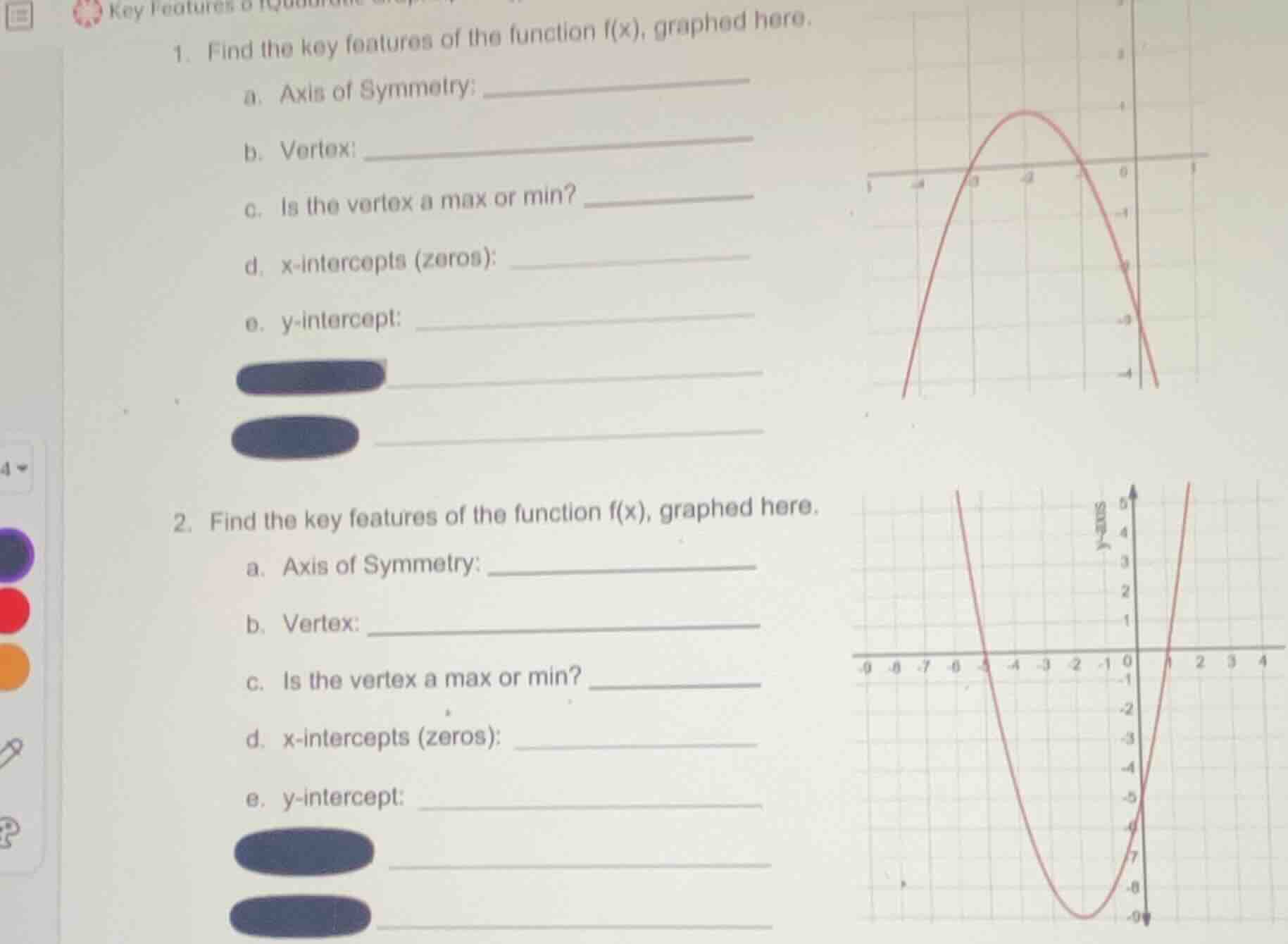 1. find the key features of the function f(x), graphed here. a. axis of…
