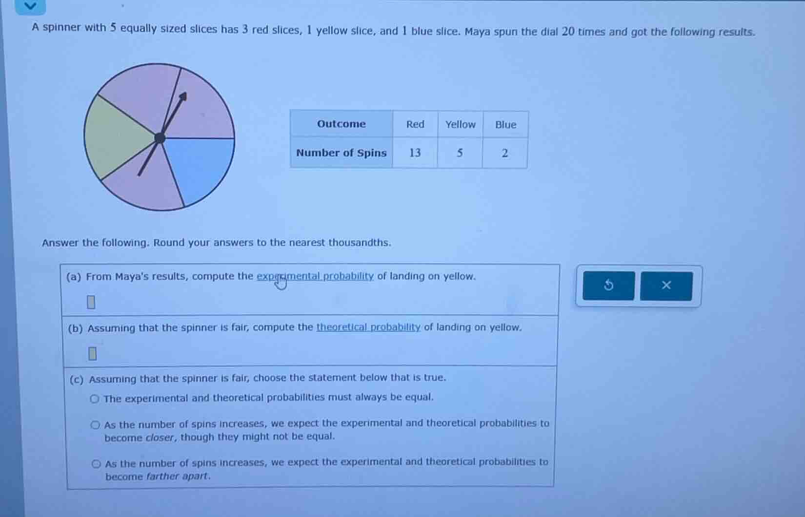 a spinner with 5 equally sized slices has 3 red slices, 1 yellow slice,…