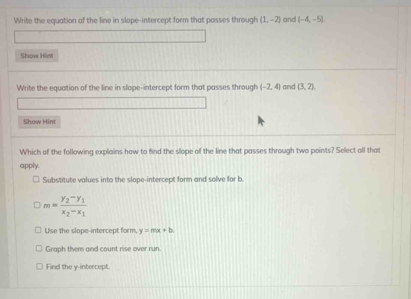 write the equation of the line in slope - intercept form that passes th…