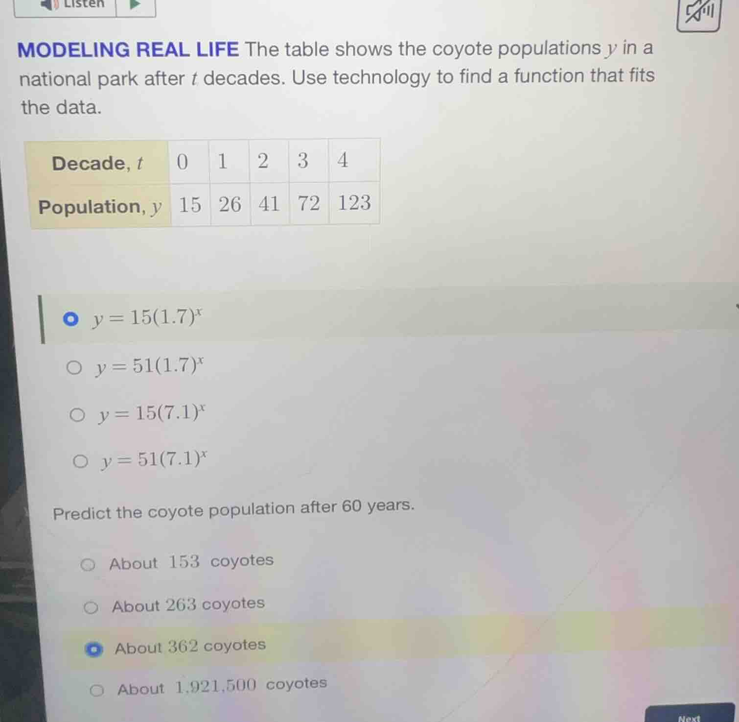 modeling real life the table shows the coyote populations ( y ) in a na…