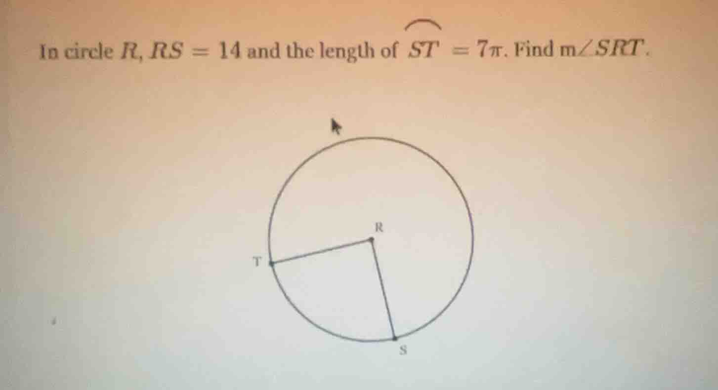 in circle r, rs = 14 and the length of \\(\\overarc{st}\\) = 7\\(\\pi\\…