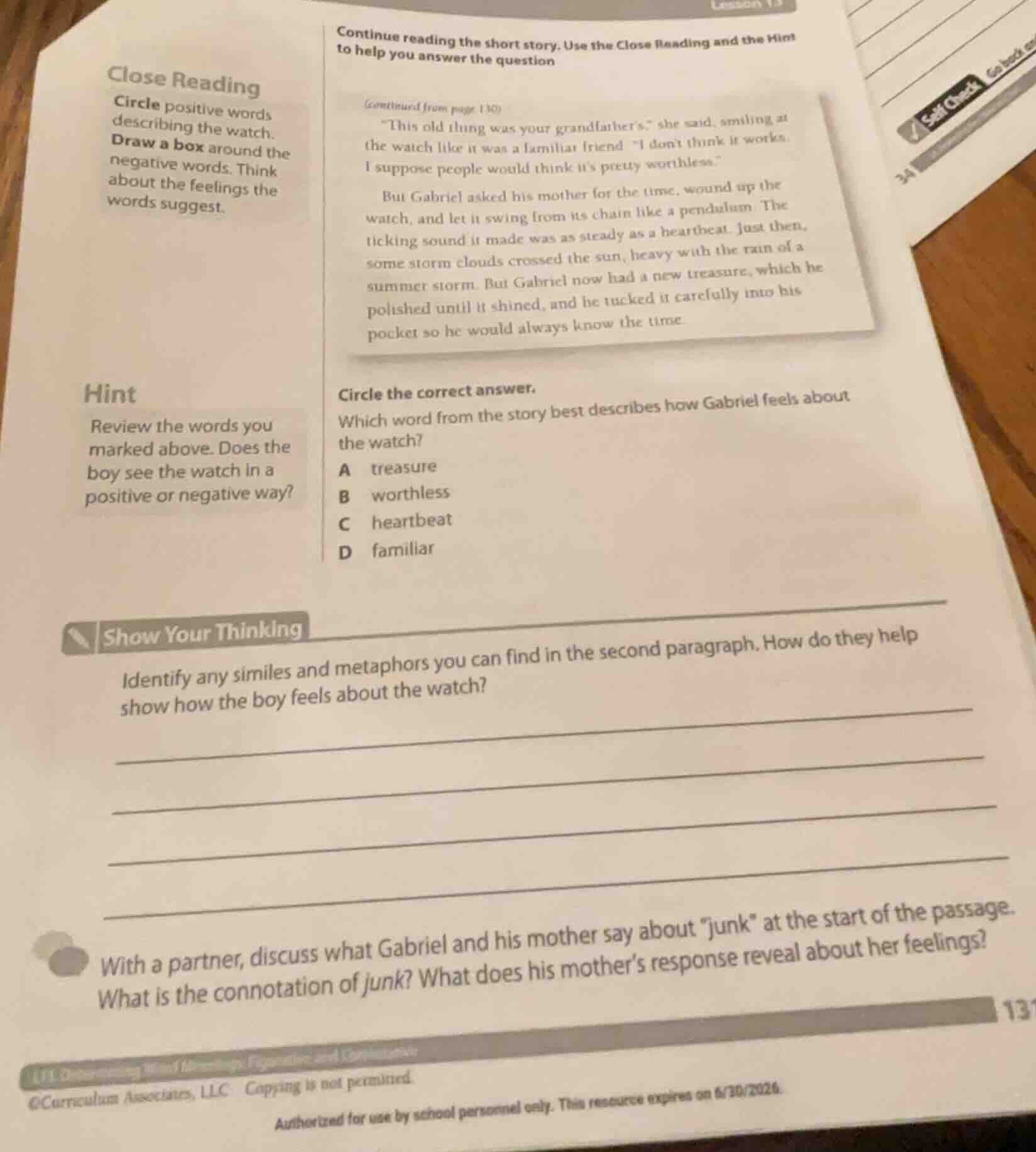 close reading circle positive words describing the watch. draw a box ar…