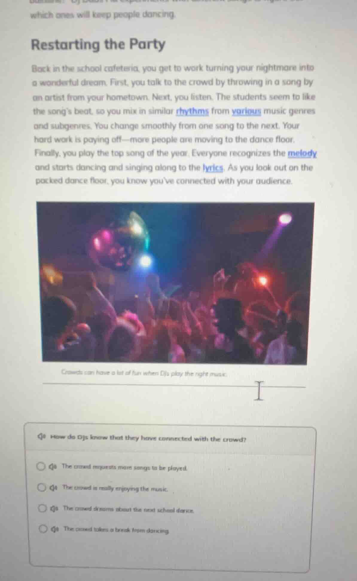 restarting the party back in the school cafeteria, you get to work turn…