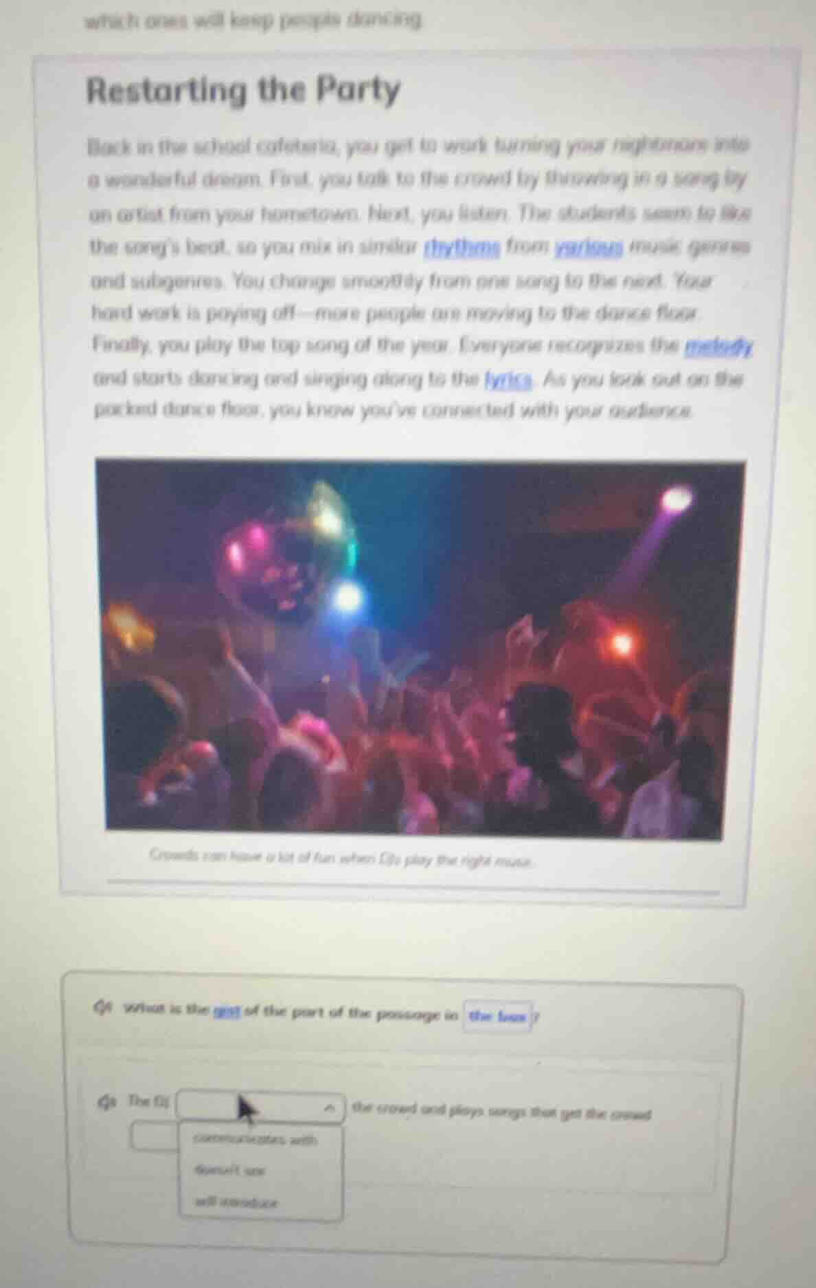restarting the party back in the school cafeteria, you get to work turn…