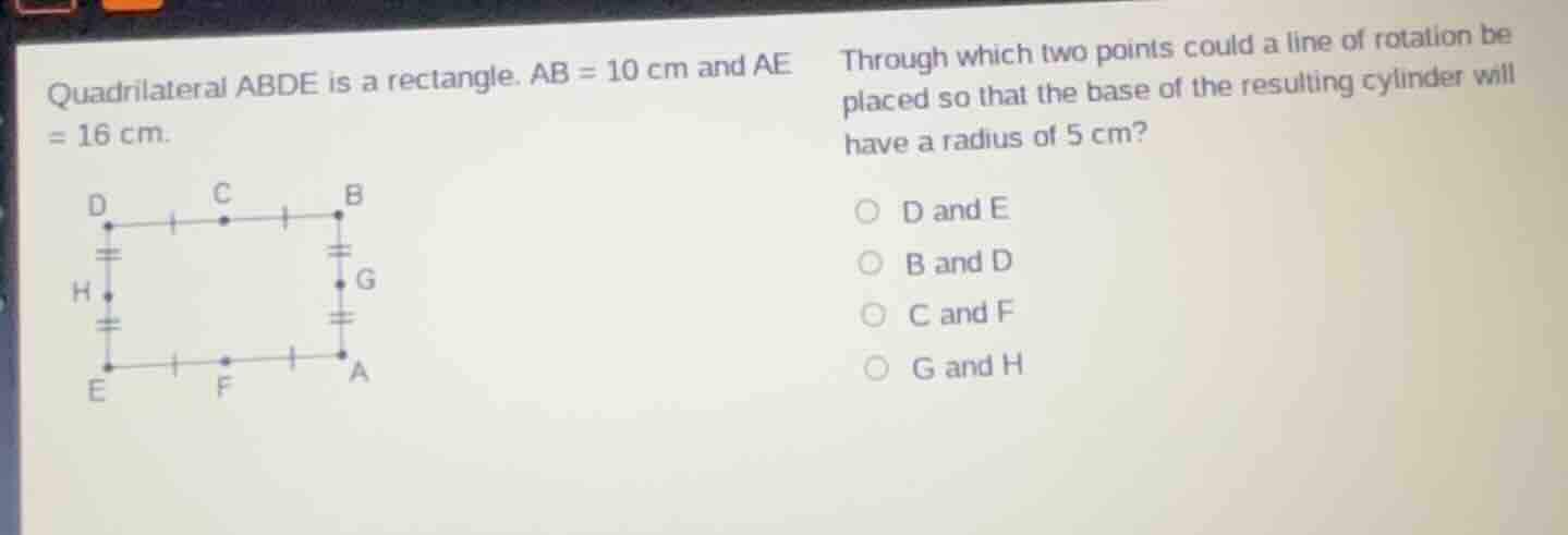 quadrilateral abde is a rectangle. ab = 10 cm and ae = 16 cm. through w…