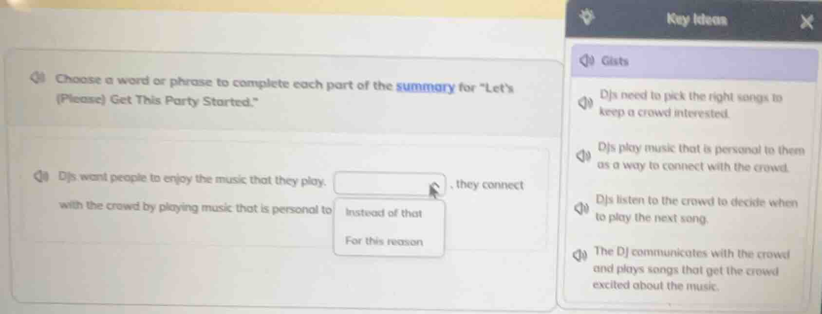 choose a word or phrase to complete each part of the summary for \lets …