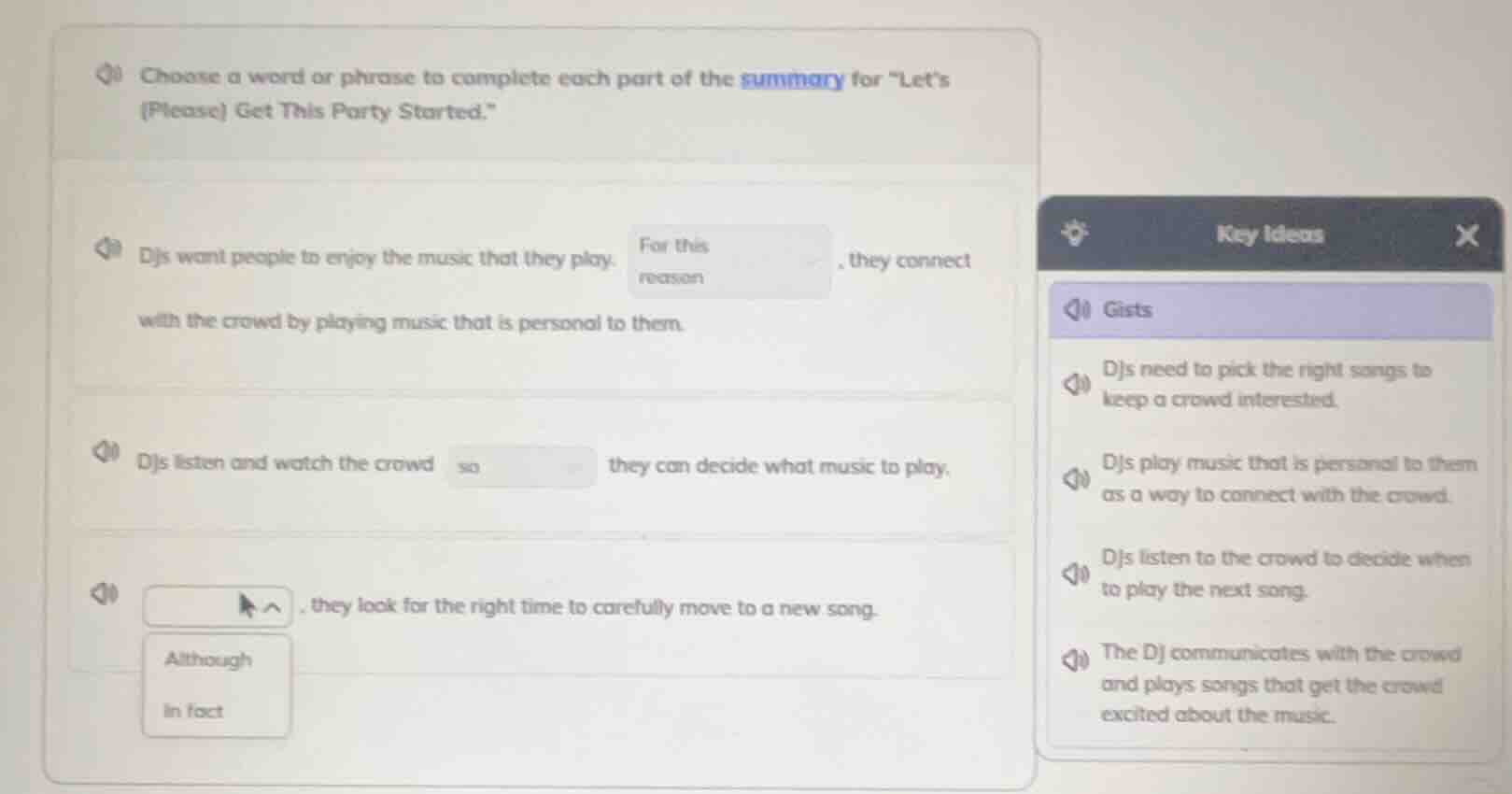 choose a word or phrase to complete each part of the summary for \lets …