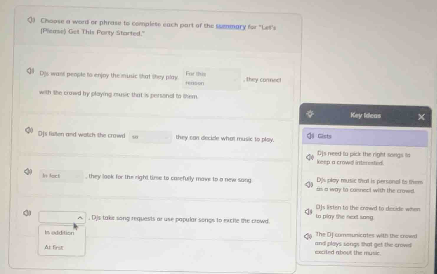 choose a word or phrase to complete each part of the summary for \lets …