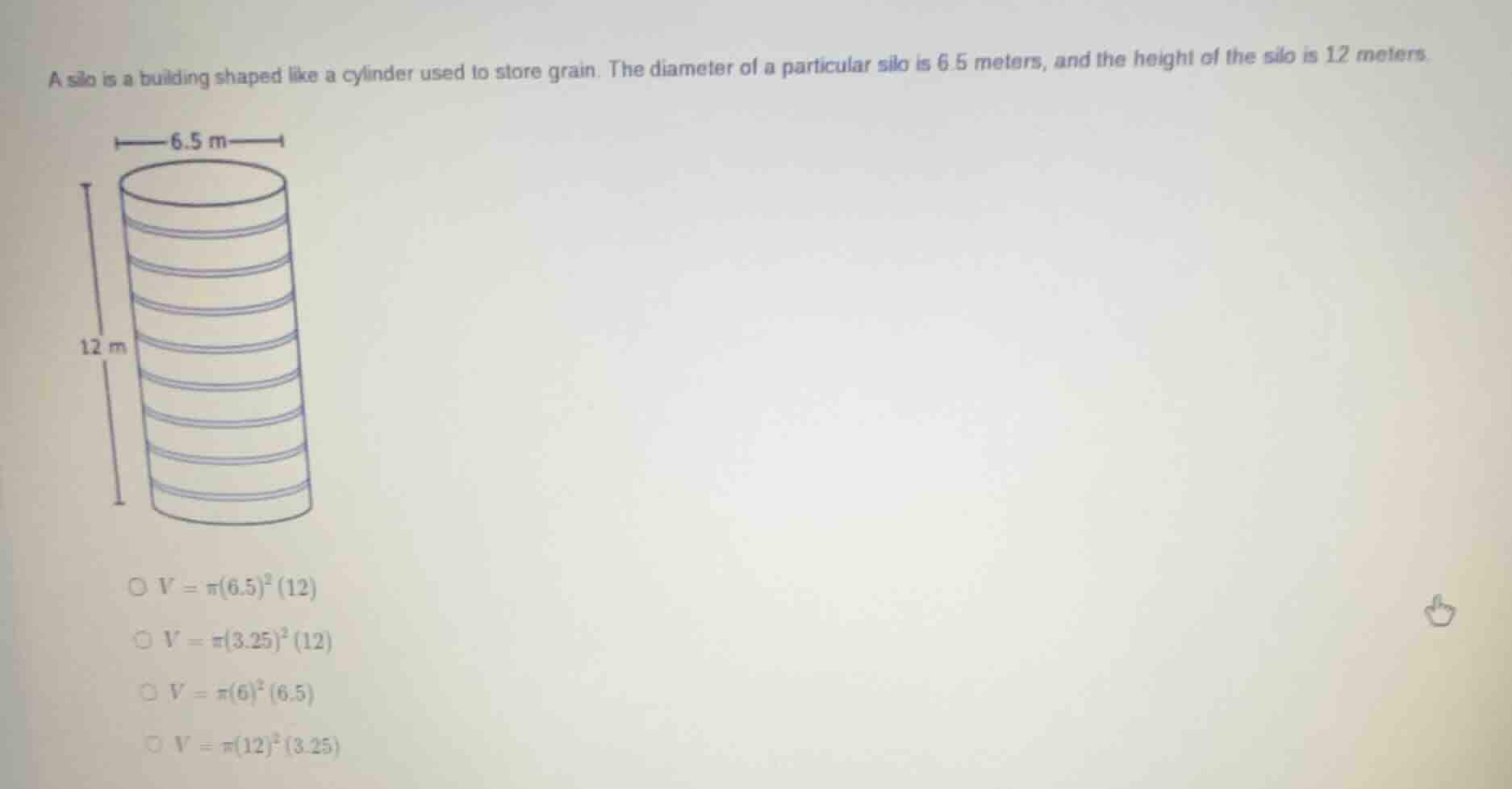 a silo is a building shaped like a cylinder used to store grain. the di…