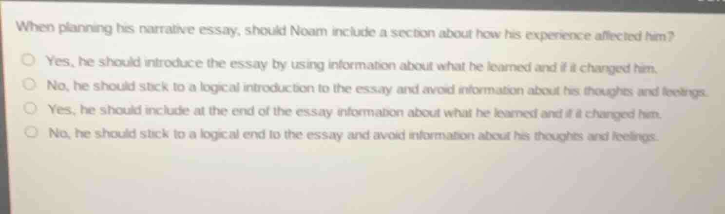 when planning his narrative essay, should noam include a section about …