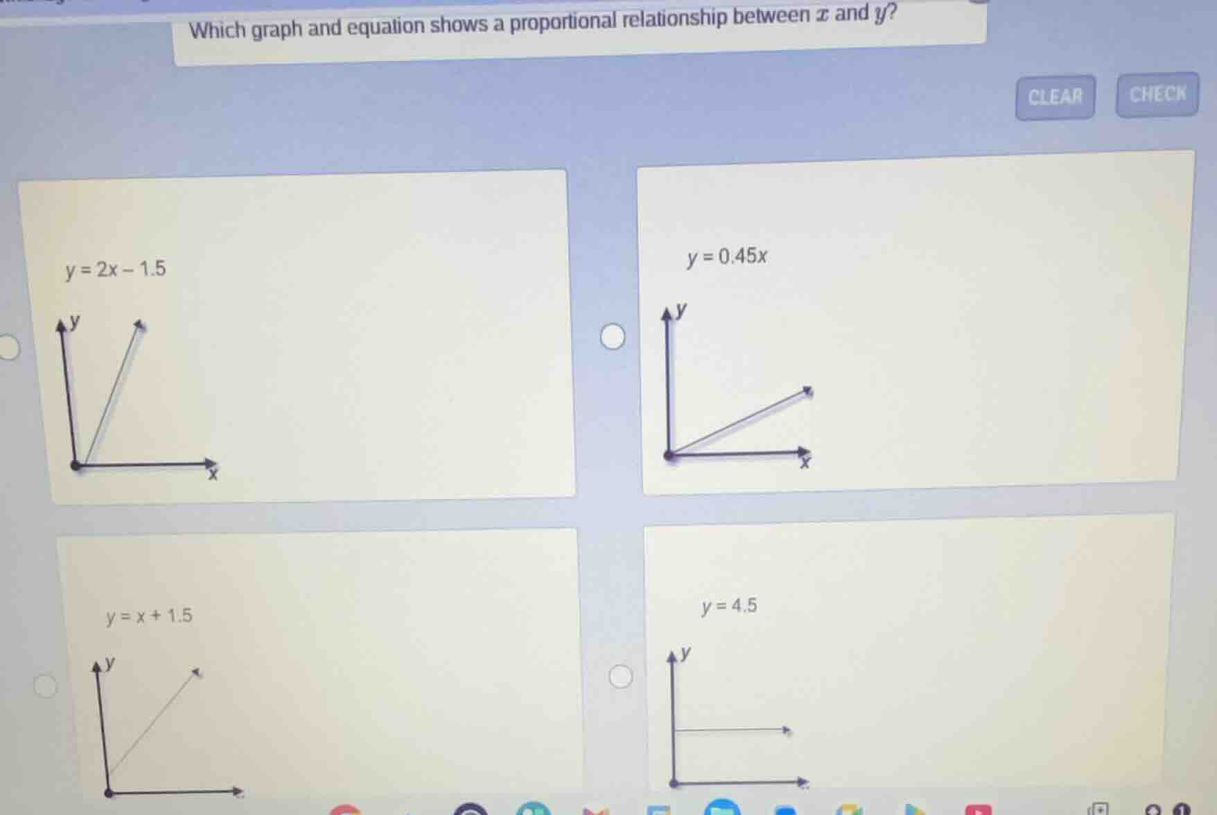 which graph and equation shows a proportional relationship between x an…