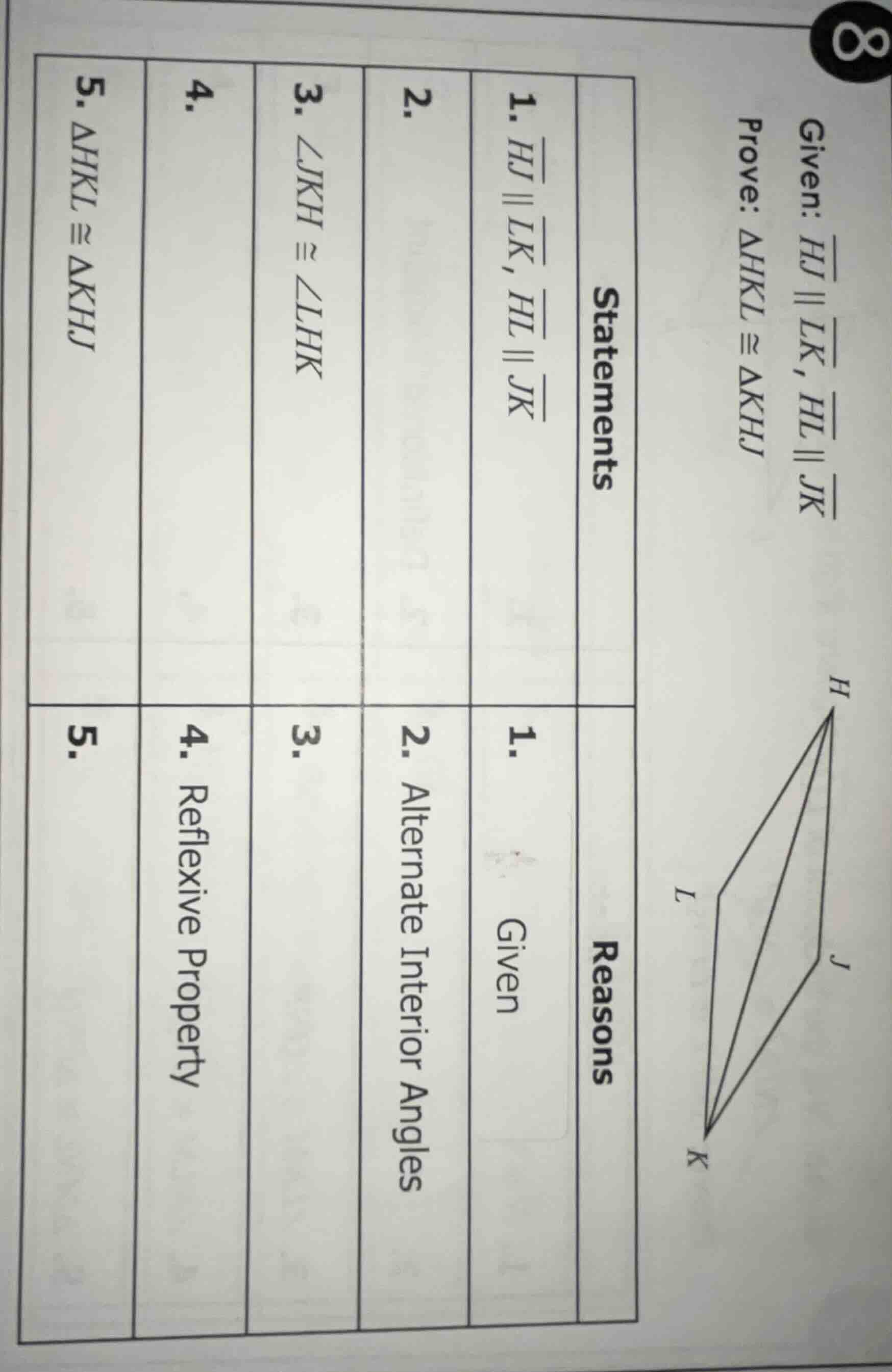 given: $overline{hj} parallel overline{lk}$, $overline{hl} parallel ove…