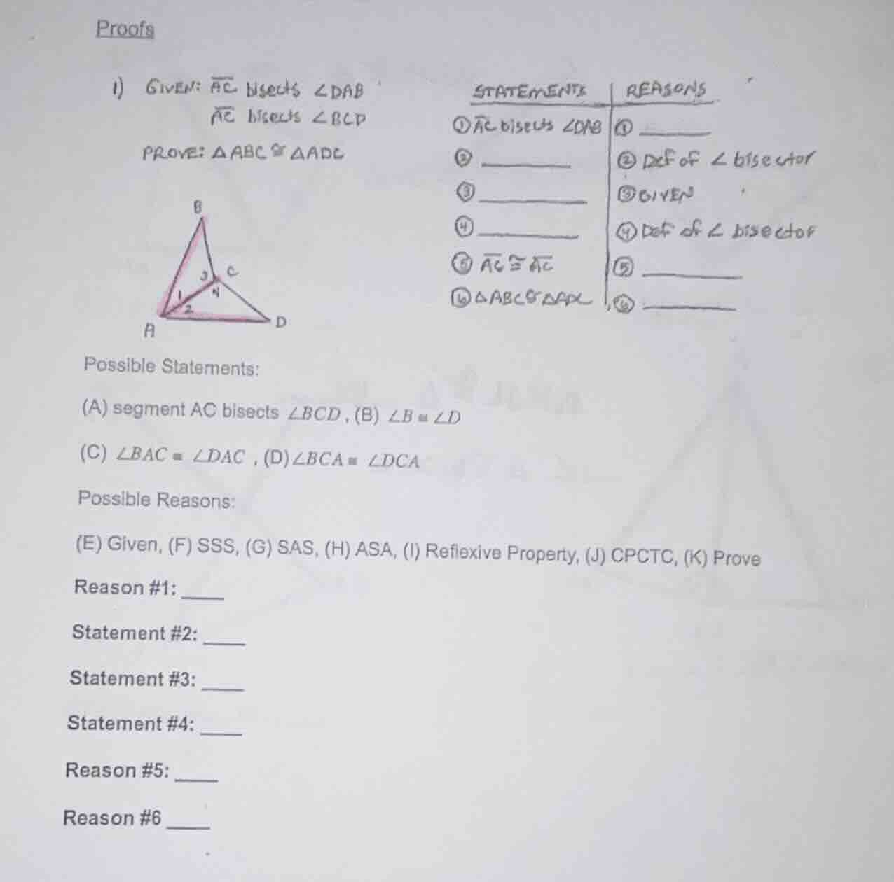 proofs 1) given: $overline{ac}$ bisects $angle dab$ $overline{ac}$ bise…