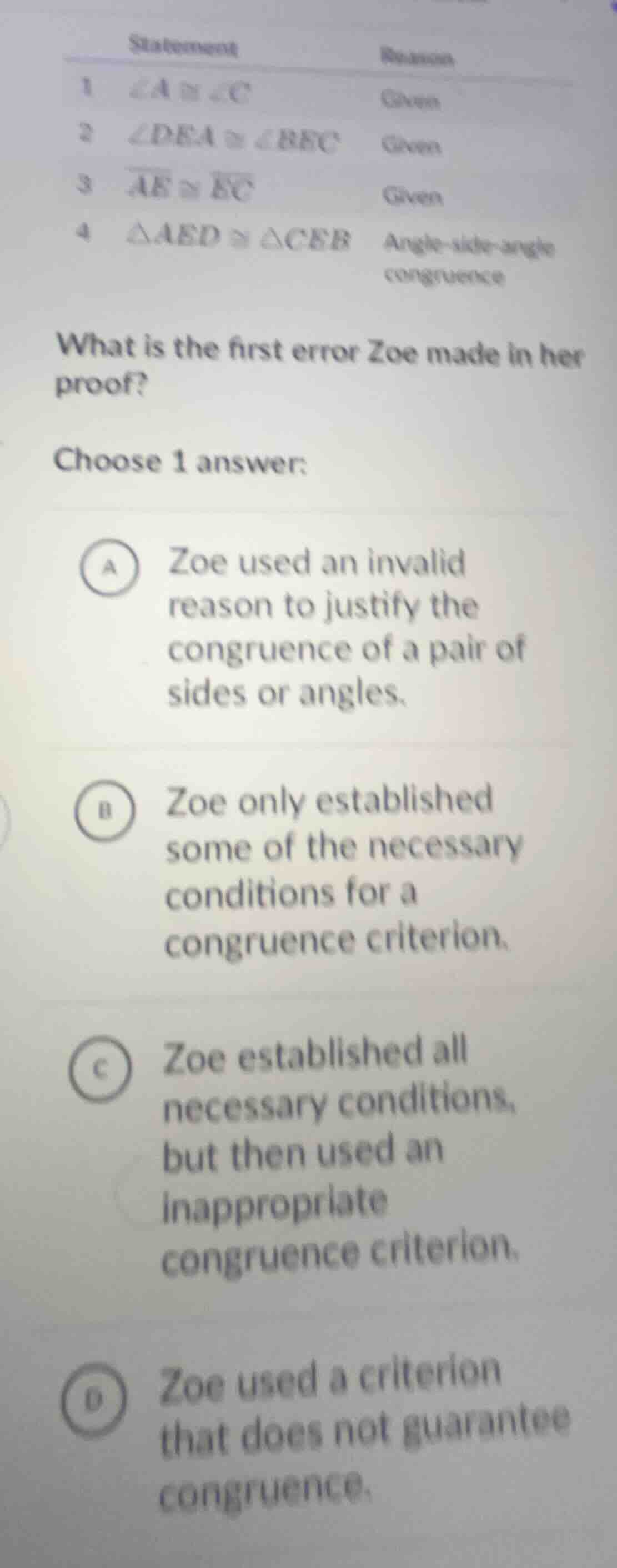 statement reason 1 $\\angle a \\cong \\angle c$ given 2 $\\angle dea \\…