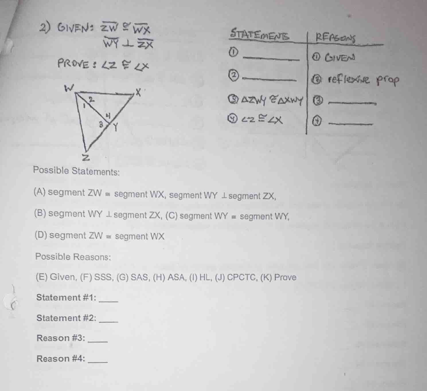 2) given: $overline{zw} cong overline{wx}$ $overline{wy} perp overline{…