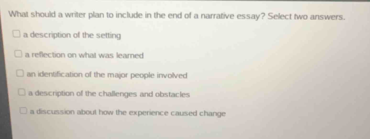 what should a writer plan to include in the end of a narrative essay? s…