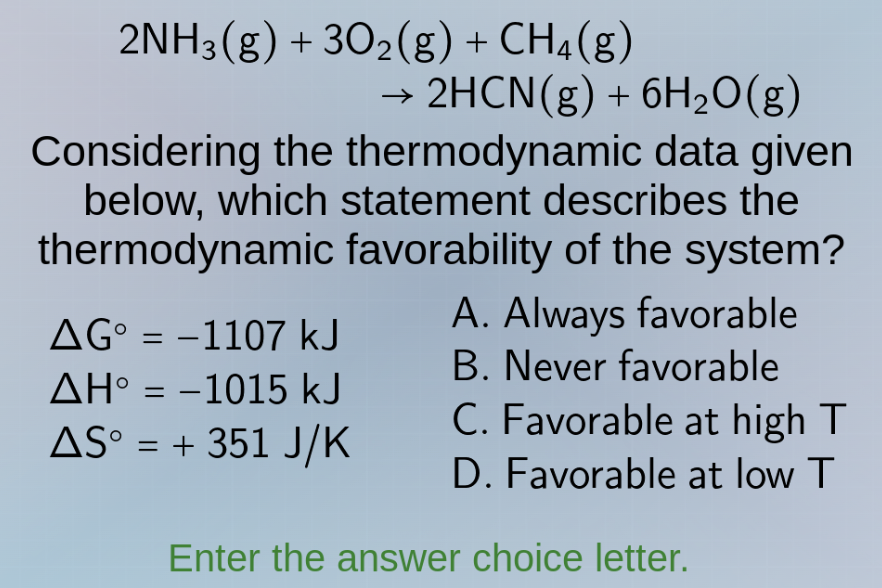 2nh₃(g) + 3o₂(g) + ch₄(g) → 2hcn(g) + 6h₂o(g) considering the thermodyn…