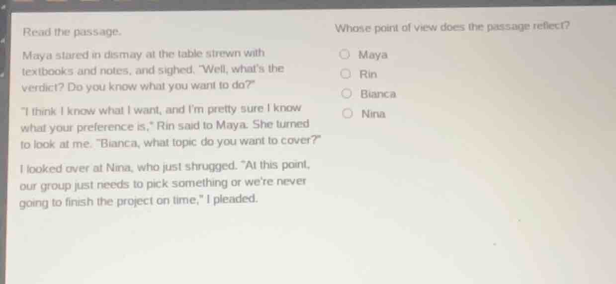 read the passage. maya stared in dismay at the table strewn with textbo…