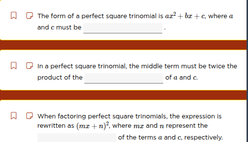 the form of a perfect square trinomial is ( ax^2 + bx + c ), where ( a …