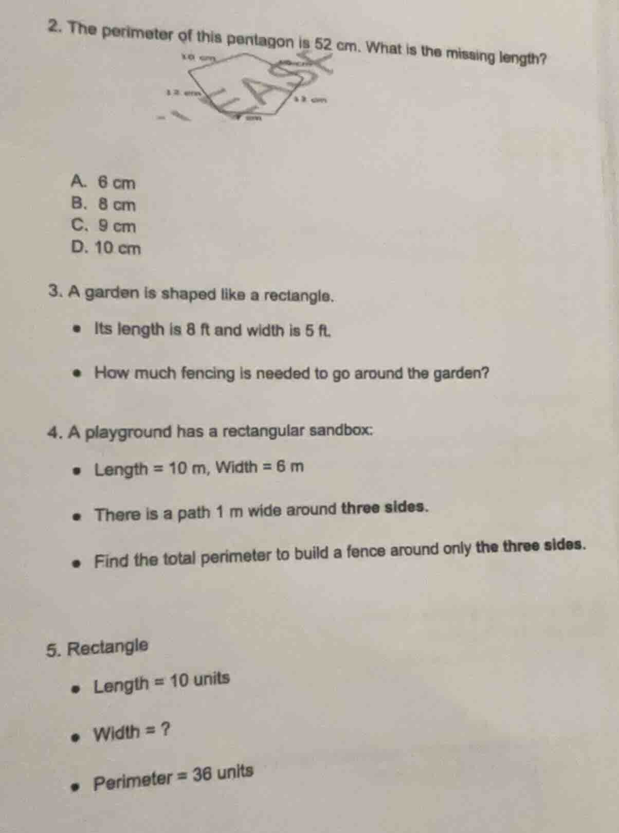 2. the perimeter of this pentagon is 52 cm. what is the missing length?…