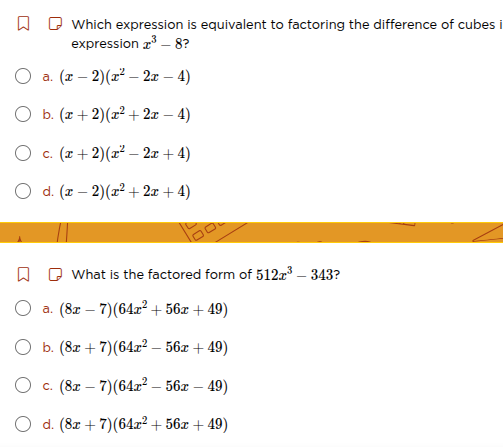 which expression is equivalent to factoring the difference of cubes exp…